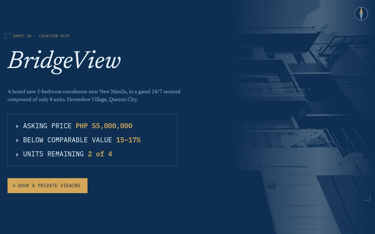 BridgeView townhouse listing site hero showing the price, comparable-value discount, and units remaining