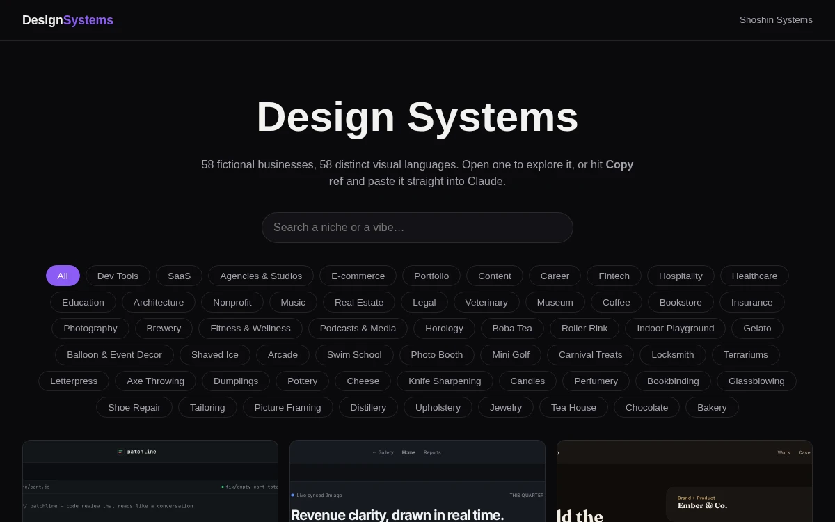 Design Systems gallery homepage showing a grid of fictional-business design system cards