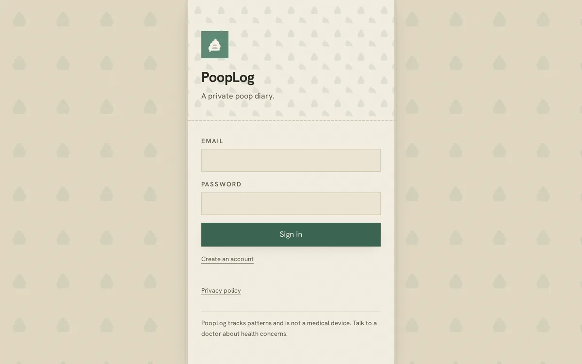 PoopLog sign-in screen in a stencil-dyed-cloth visual system, celadon dye on a rice-cream ground