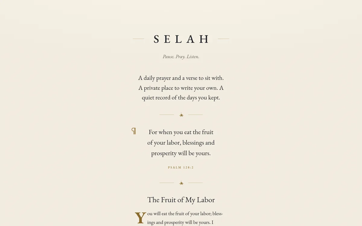 Selah daily-prayer app landing page in a warm illuminated-Psalter visual system
