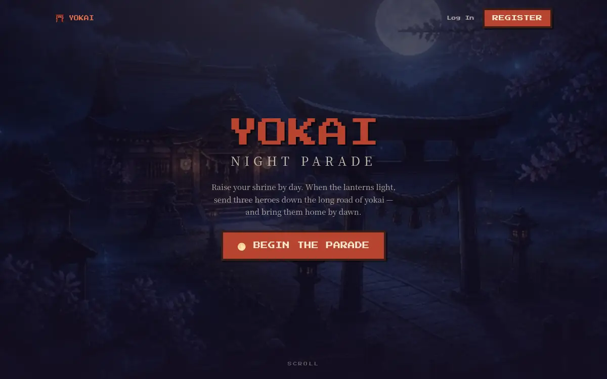 YOKAI: Night Parade landing page — a moonlit shrine and torii gate scene behind a pixel-font 'YOKAI NIGHT PARADE' wordmark over a 'Begin the Parade' button